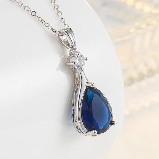 925 Sterling Silver Necklace - Geometric Blue Sapphire Stone
